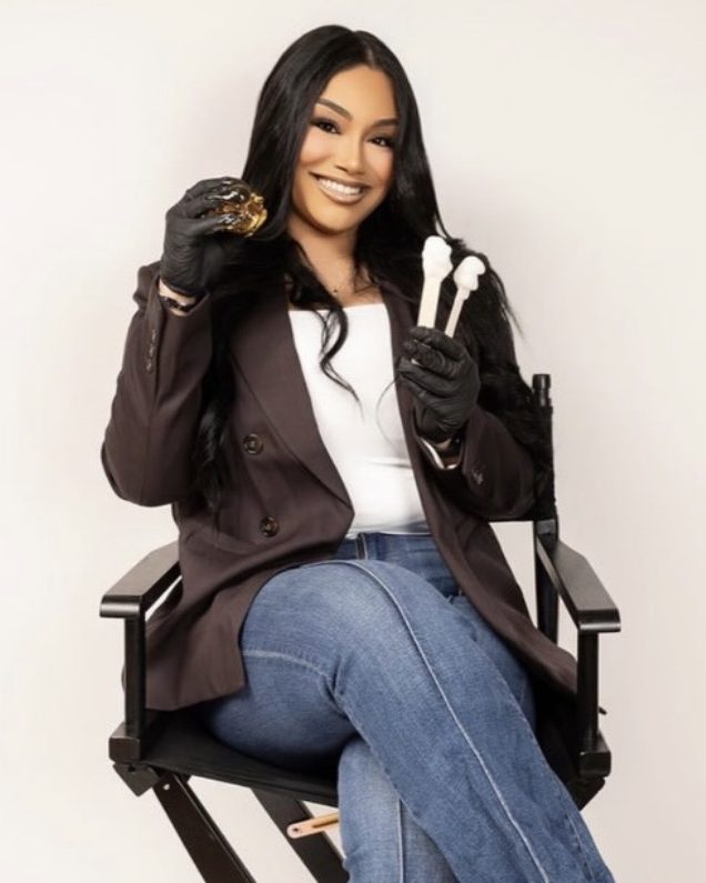 India Ramos, esthetician and owner of Soleil Beauty Bar, holding sugar paste and applicators
